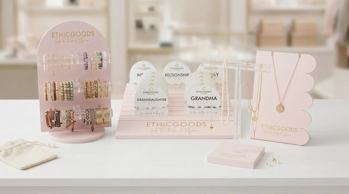 Custom pink jewelry display stand set including necklace bust, earring card holder, and ring slots with printed brand logo.