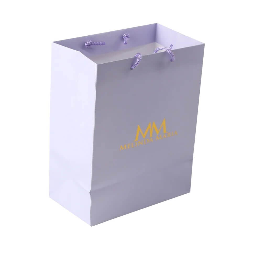Elegant purple paper jewelry bag with double-sided gold foil logo and matching rope handles for luxury retail packaging.