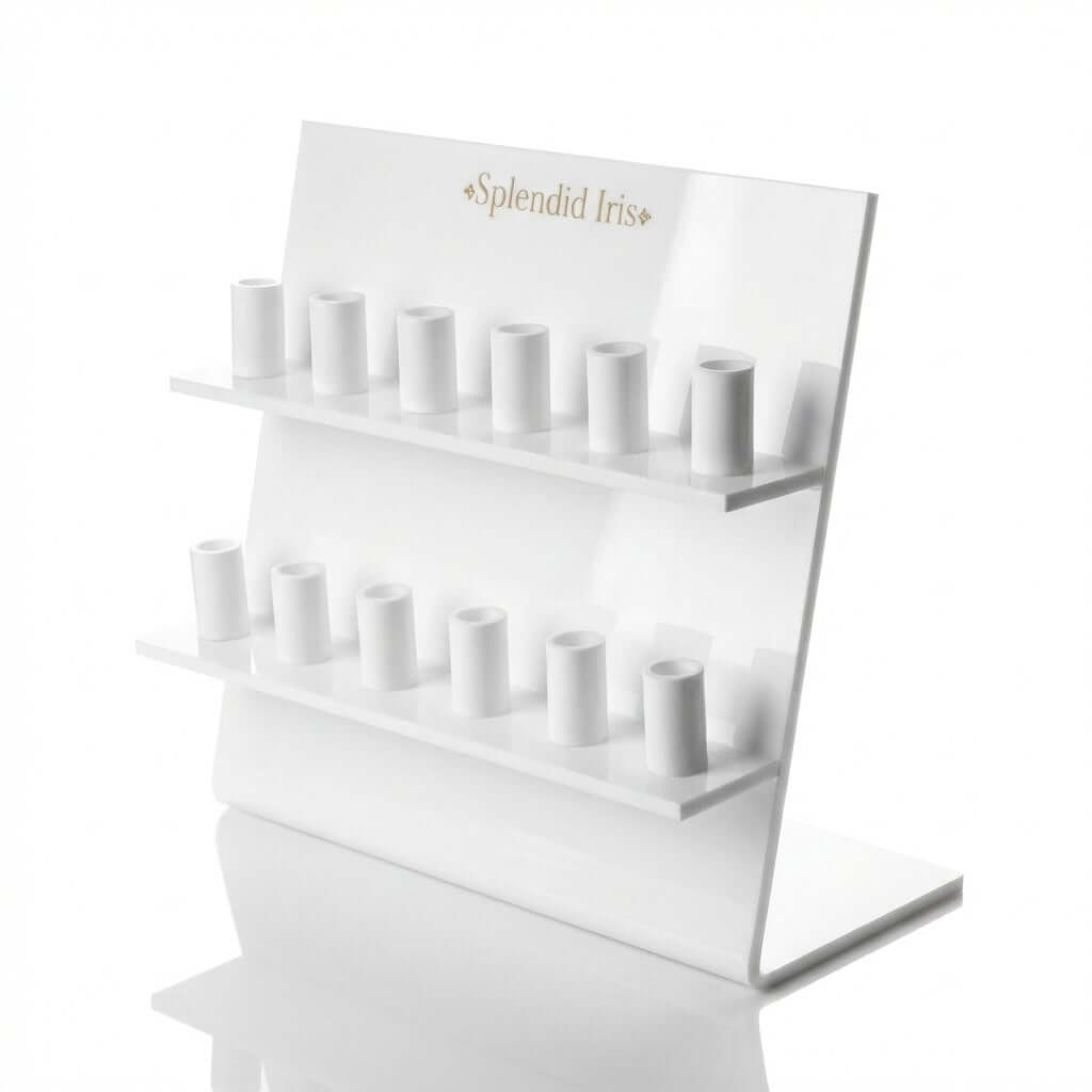 3-tier white acrylic ring holder display with 18 slots and custom logo.