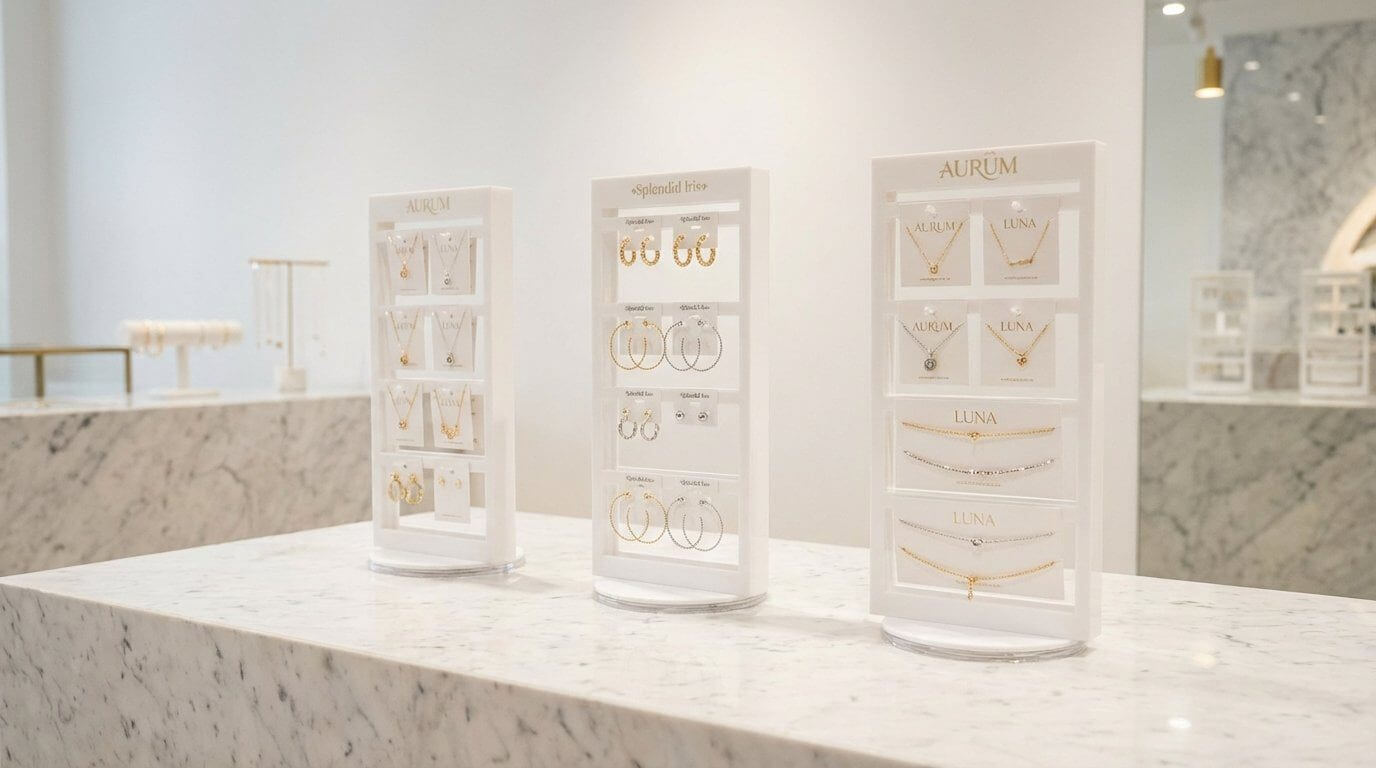 White rotating earring display stand for shop counters with 24-card capacity and 8-inch round base.