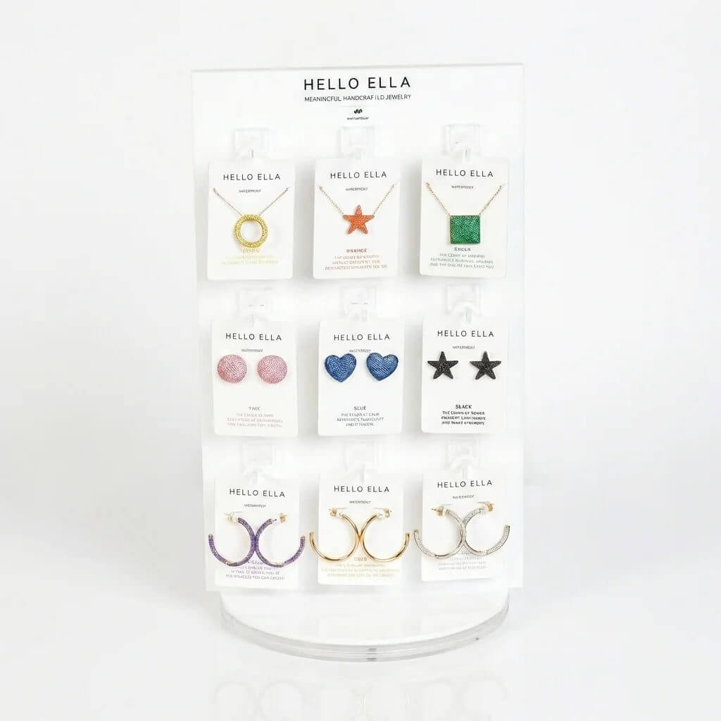 Minimalist white acrylic rotating jewelry display stand with transparent hooks for earring cards and retail merchandising.
