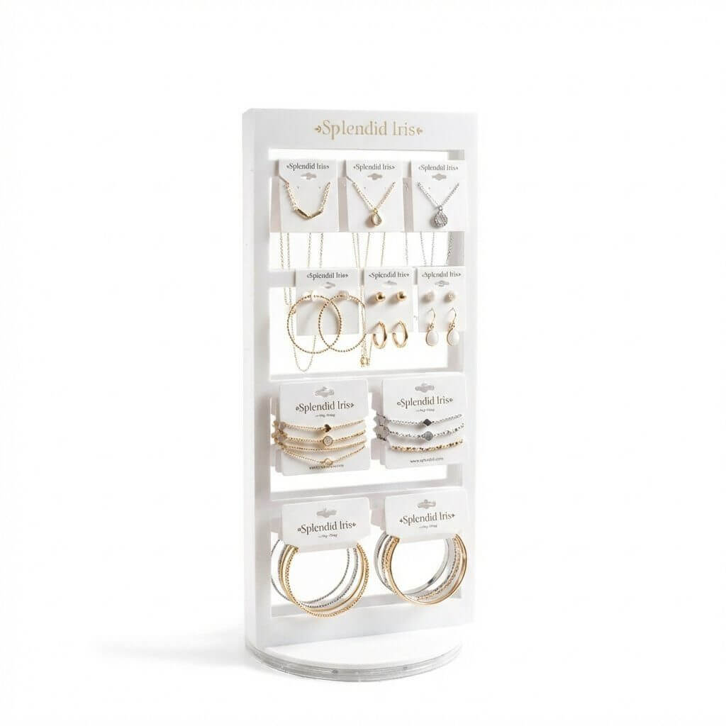 Rotating white acrylic earring card display stand with 24 slots and 8-inch round base.