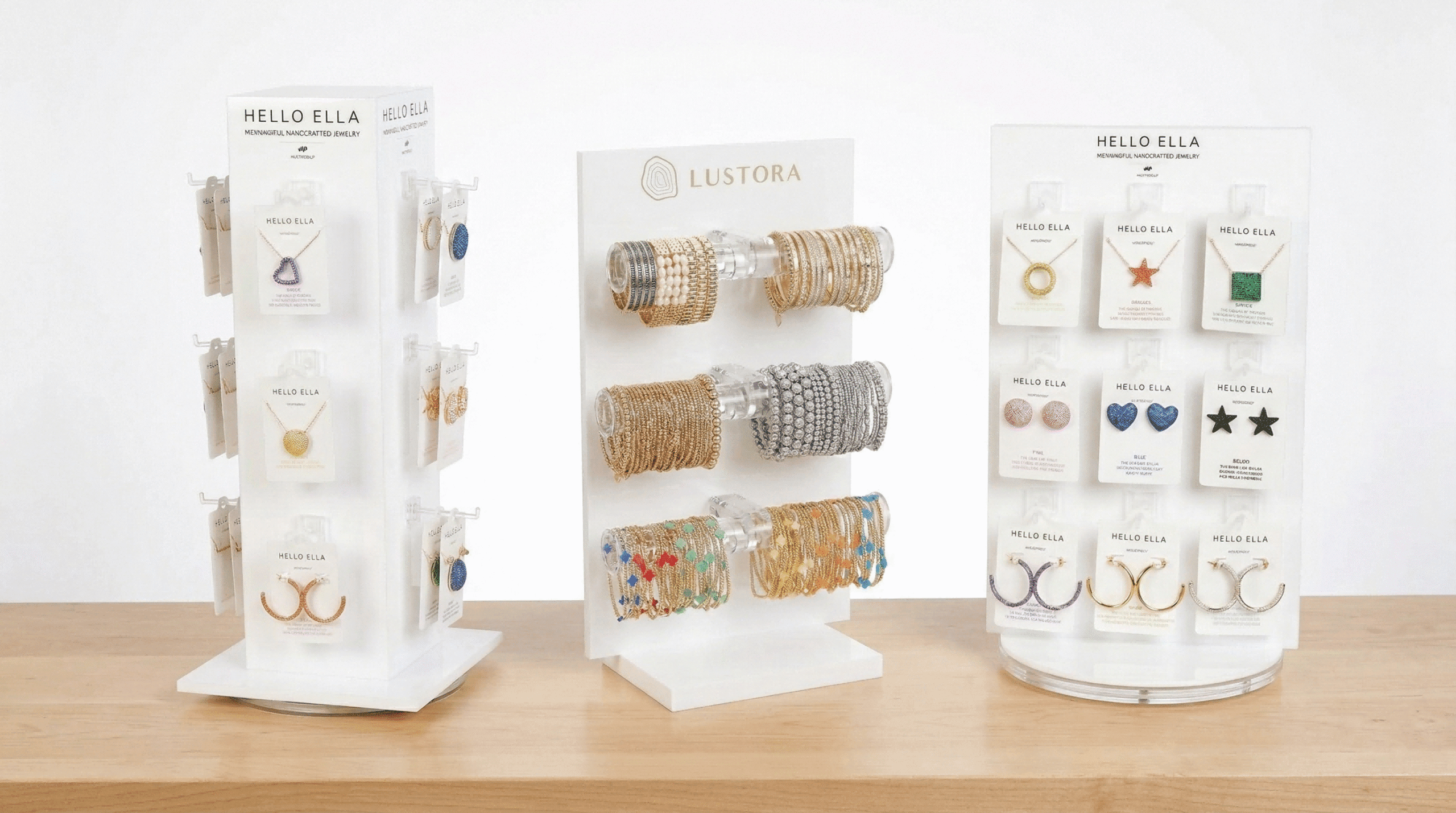 White rotating acrylic jewelry display stand with a custom brand logo, designed for showcasing earrings and pendants in retail stores.