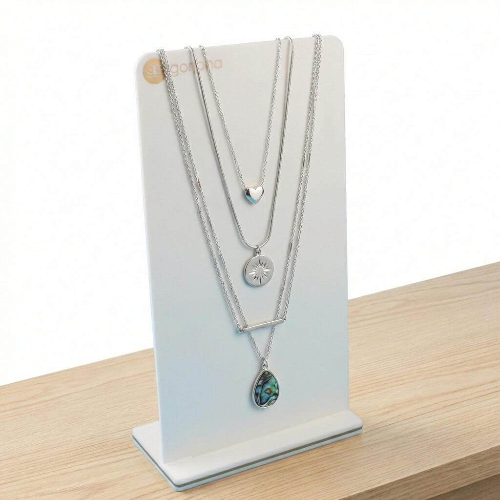 Minimalist white necklace display stand with 80-degree tilted backboard and 1-inch thickened base