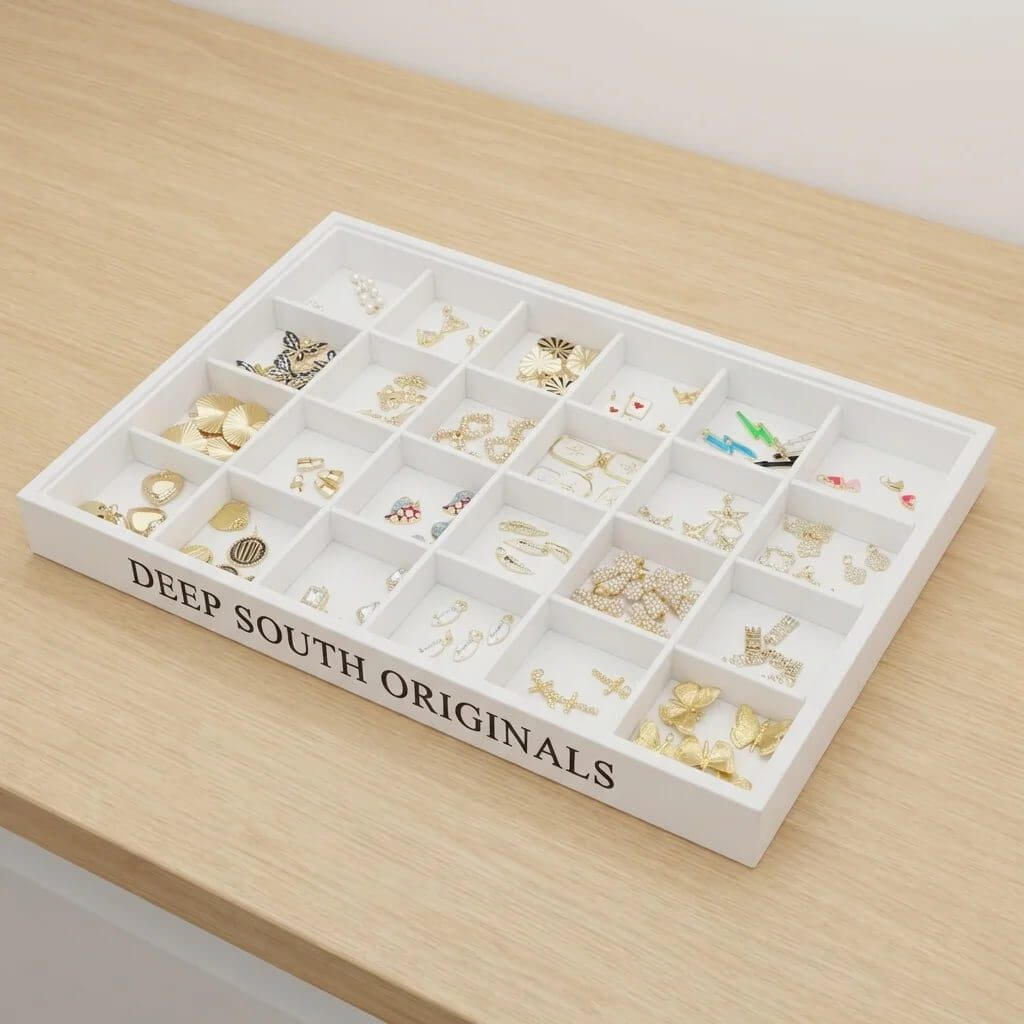 Professional white PU leather earring display trays featuring 24 individual slots for organizing studs and dangles with a custom logo.